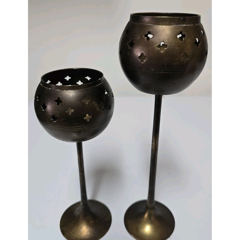 VTG Gatco Brass Tea Light Holder Cutwork Star Design Made in India Set 10" & 8" - Picture 8 of 10